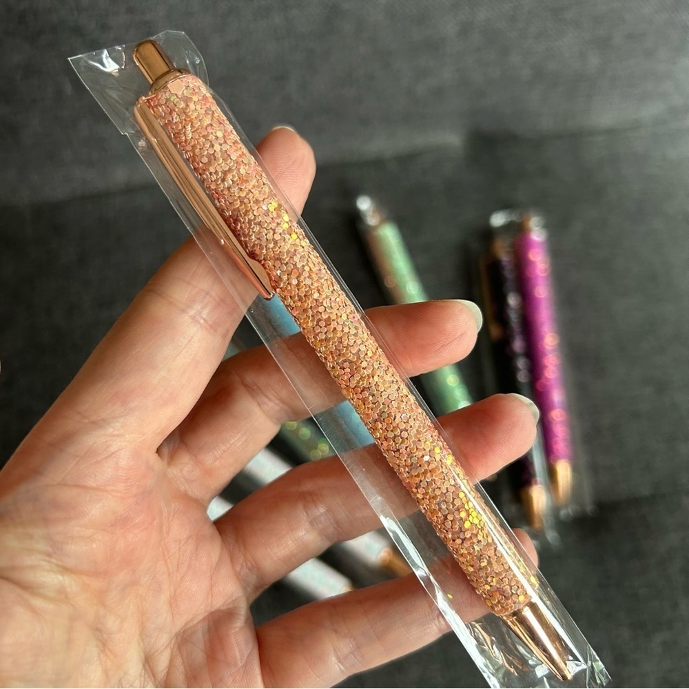 SPARKLY PEACH Fancy Sequin Glitter Ballpoint Pen, Rose Gold Metal, Black Ink